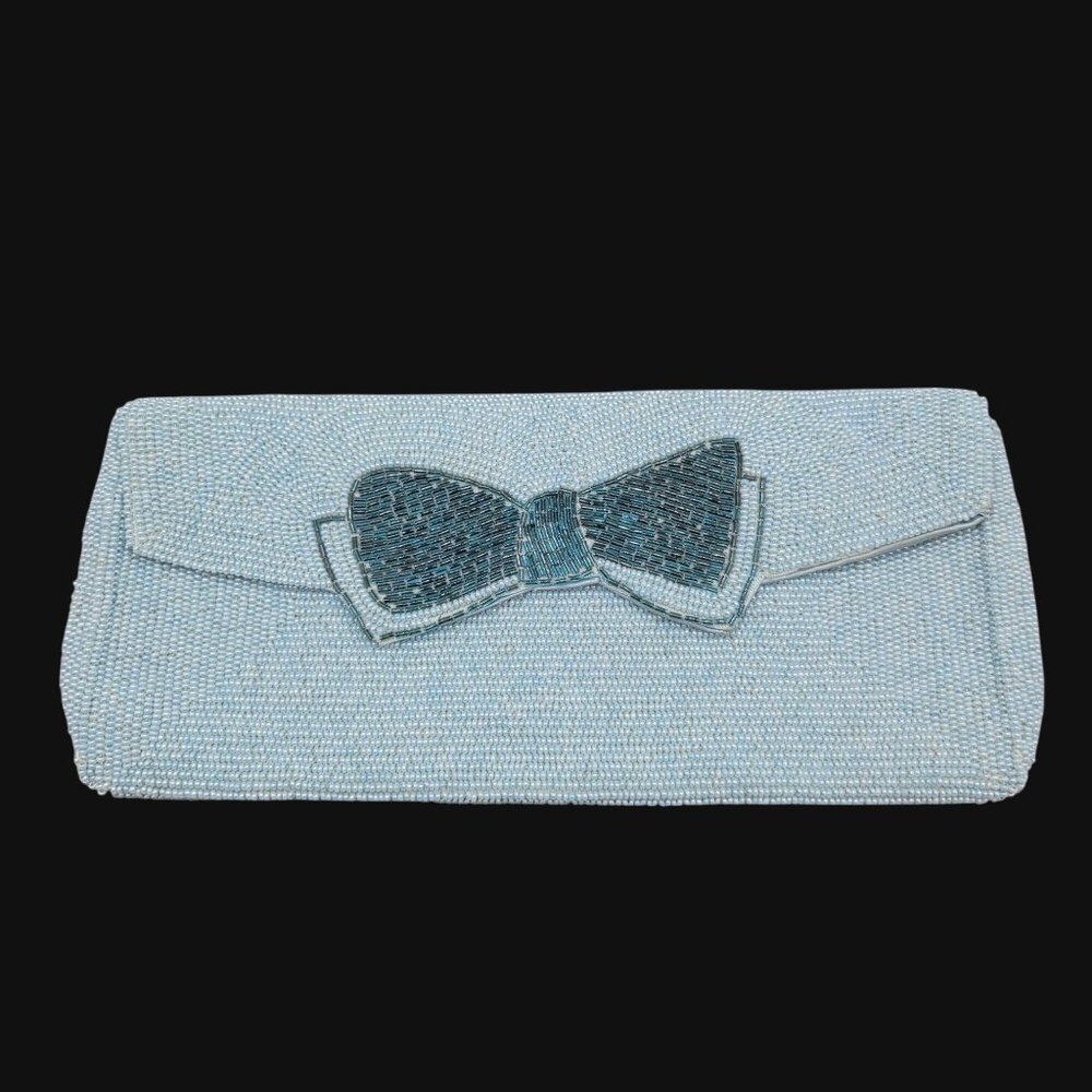 Vintage Delill Blue Glass Beaded Clutch With Bow Accent Snap Close Made In Japan
